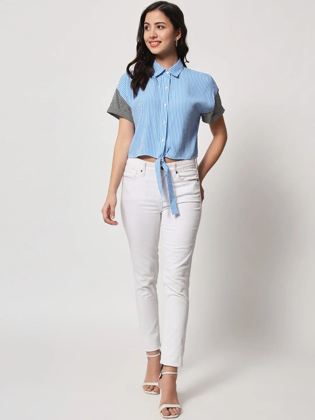 Women's Blue Striped Shirt Style Crop Top