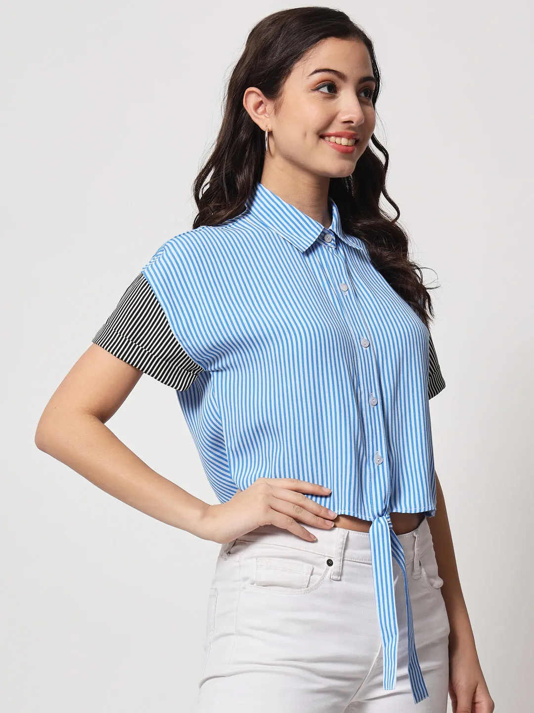 Women's Blue Striped Shirt Style Crop Top