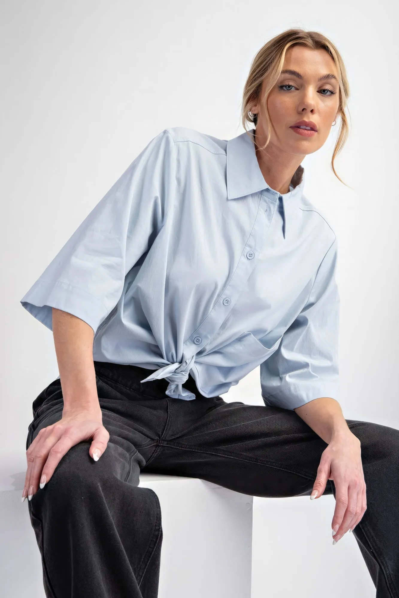 Women's Half Slvs Stretch Poplin Button Down Shirt