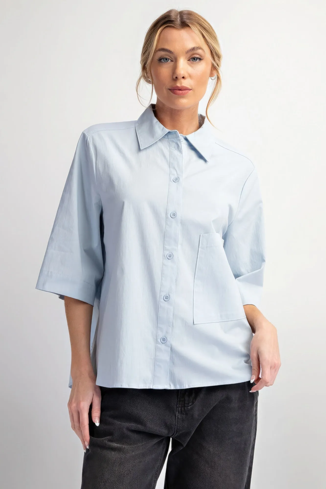 Women's Half Slvs Stretch Poplin Button Down Shirt