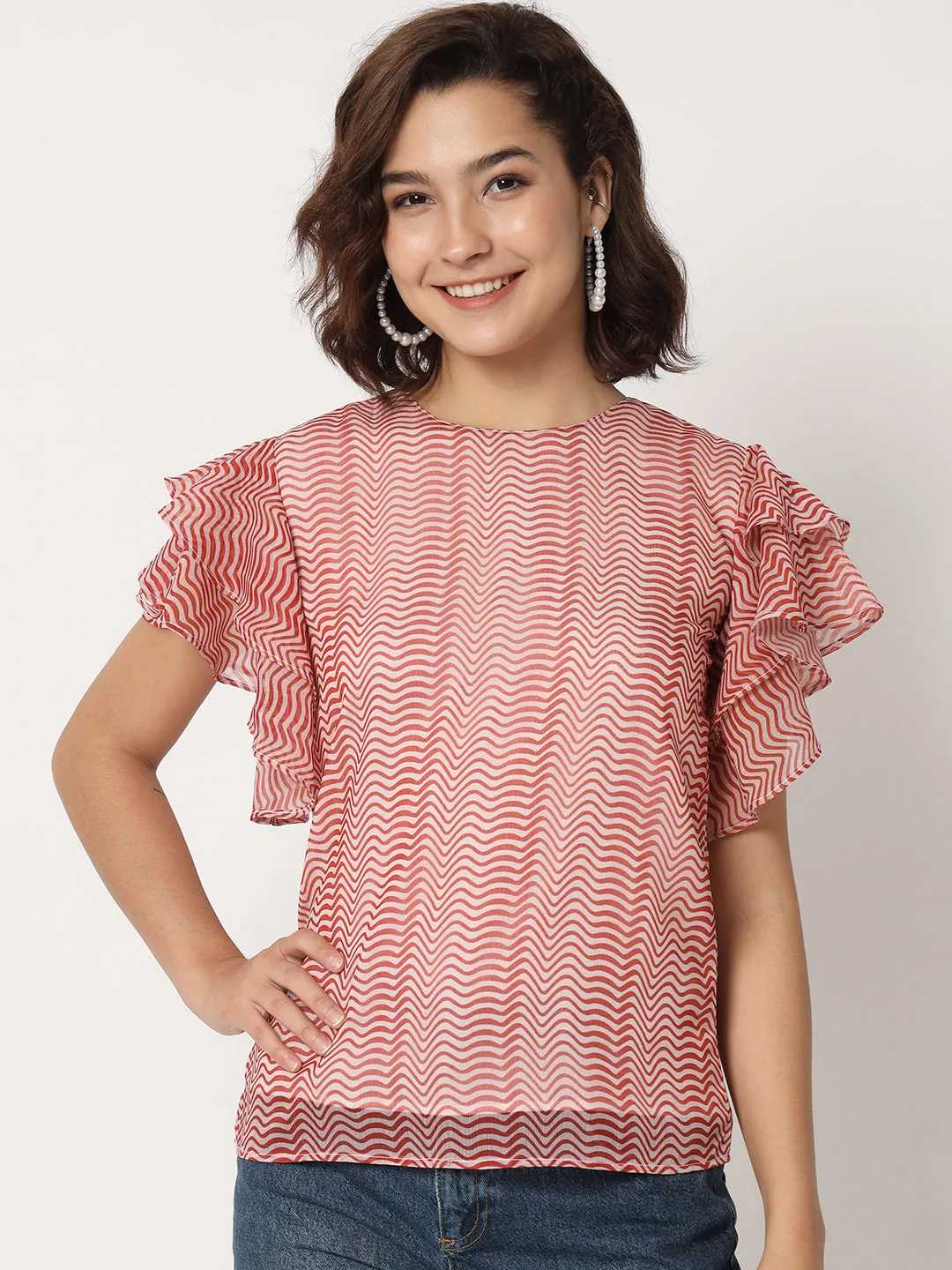 Women's Zig-Zag Printed Flutter Sleeve Top