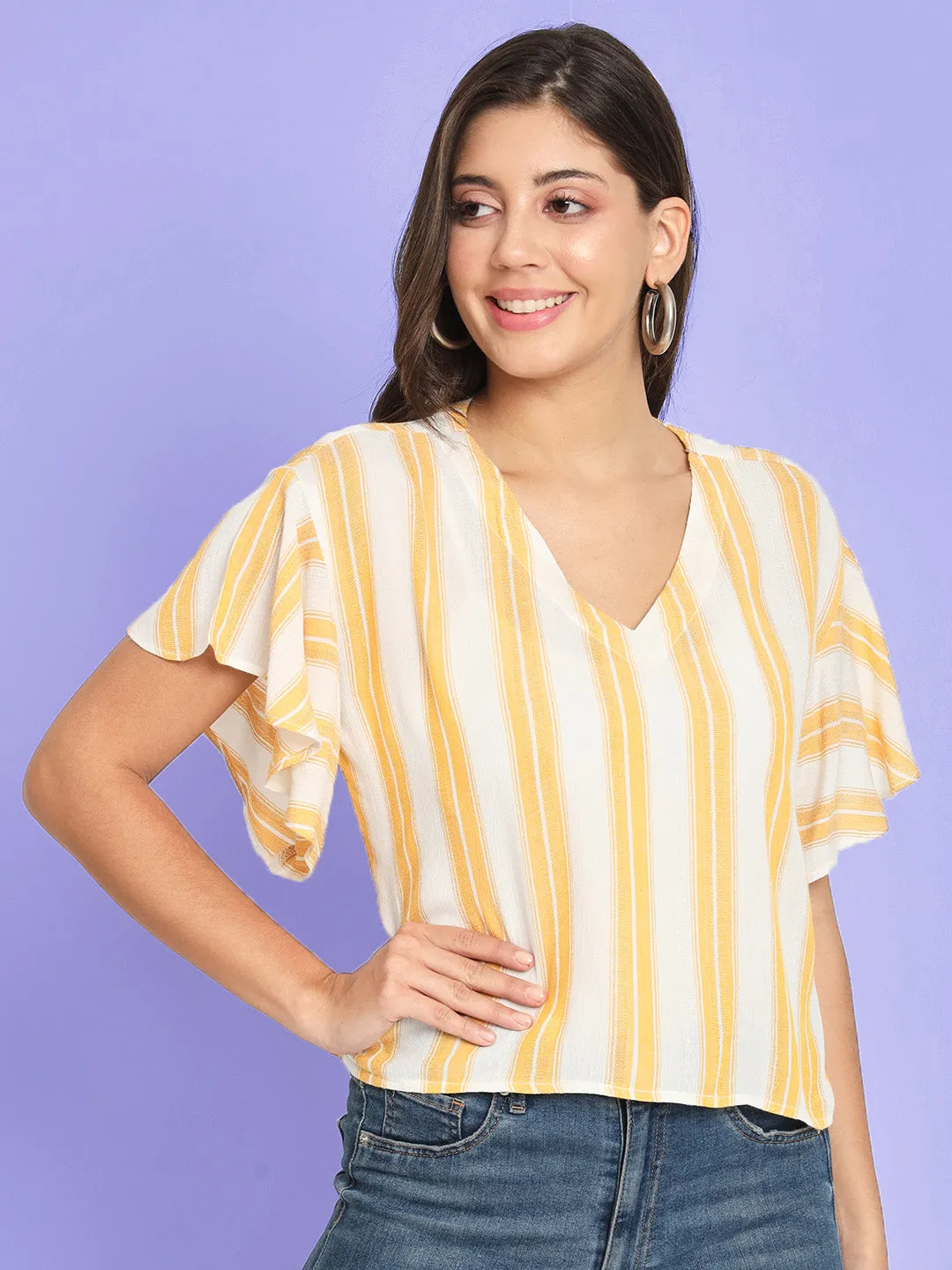 Yellow Striped Extended Sleeves Top